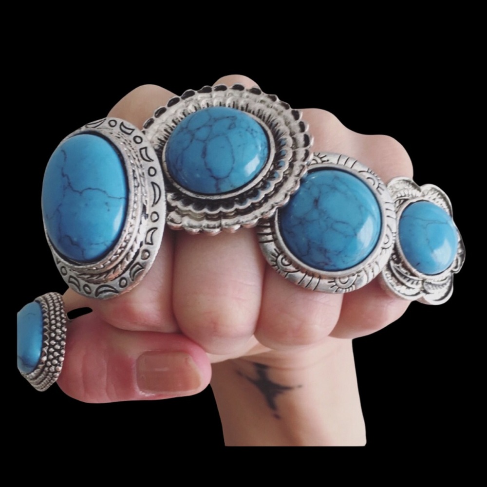5 Rings Southwestern Turquoise Tribal Boho Silver